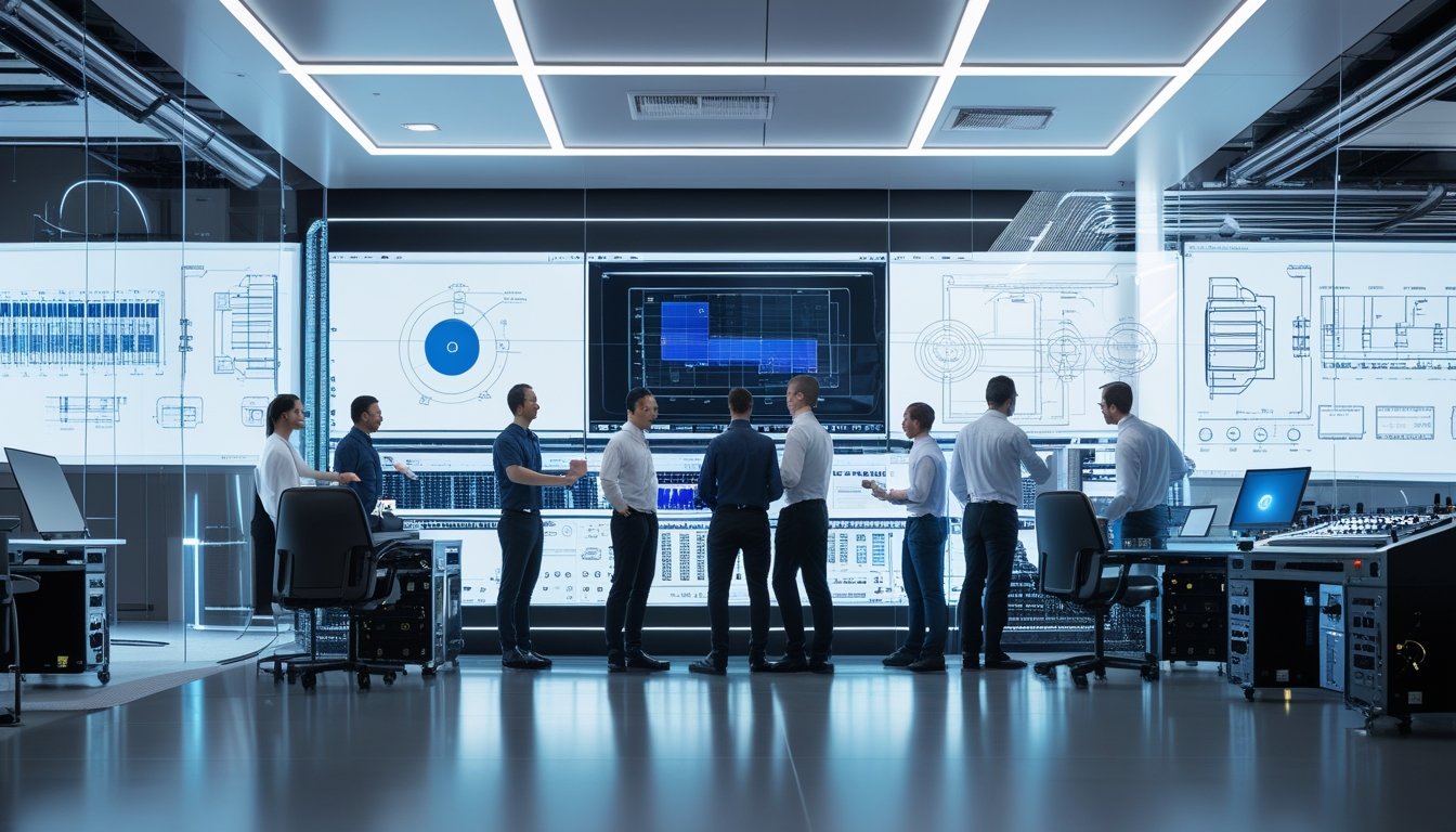 Sekelompok teknisi dan insinyur bekerja bersama di kantor modern dengan peralatan teknologi audiovisual canggih.