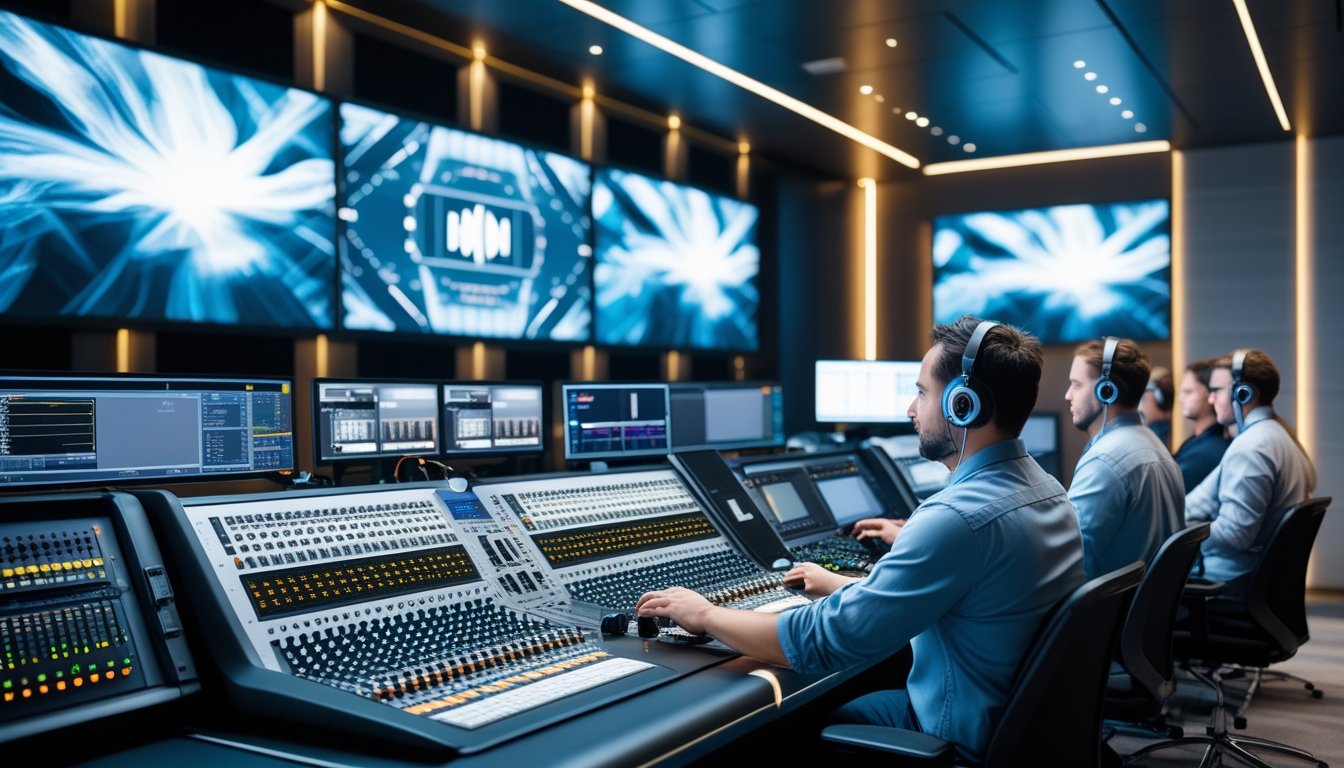 Tim teknisi sedang bekerja di ruang kontrol teknologi audiovisual dengan peralatan canggih dan layar besar.
