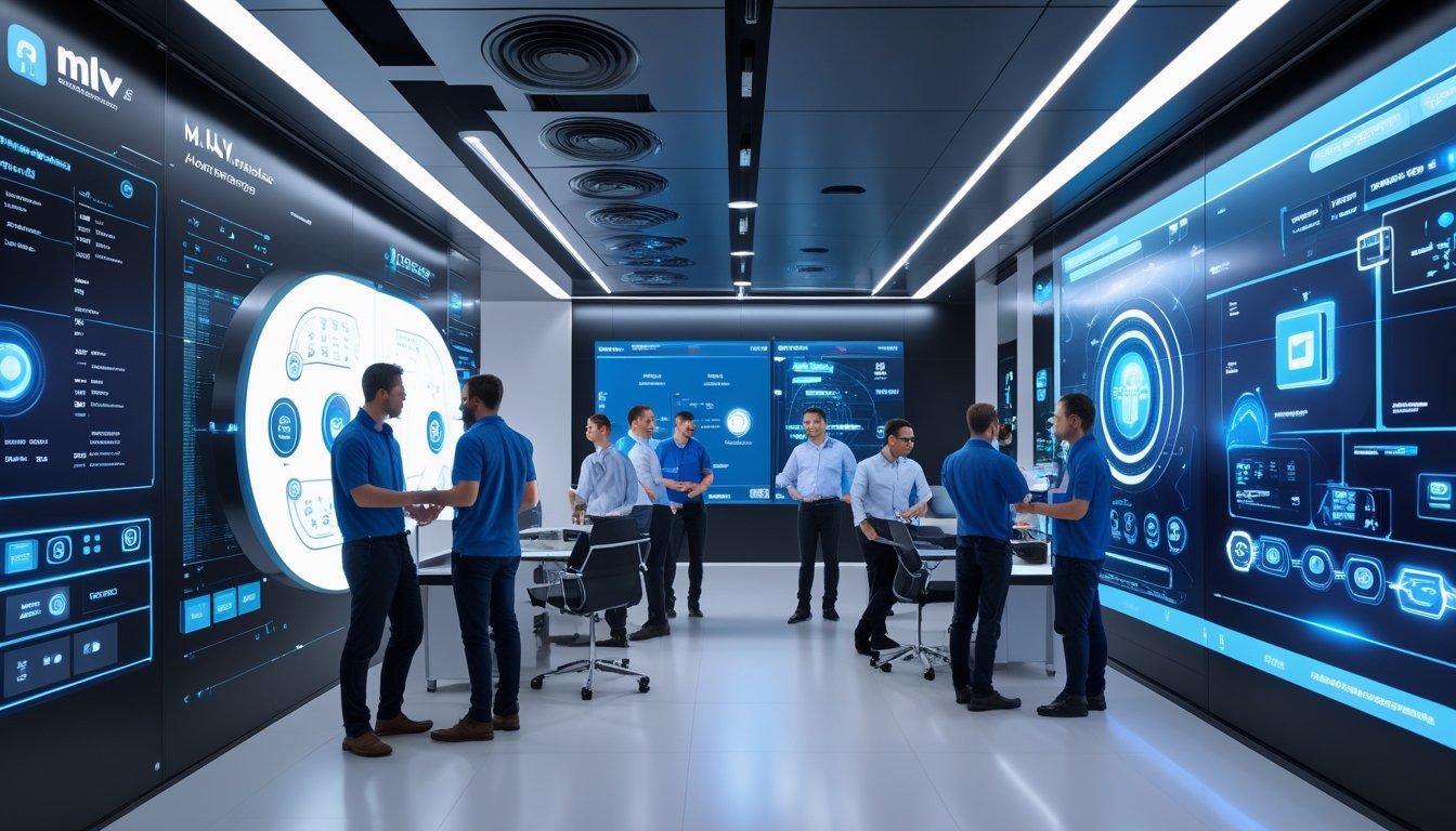 Sekelompok teknisi dan insinyur sedang bekerja bersama di ruang kantor modern dengan peralatan audiovisual canggih untuk transformasi digital.