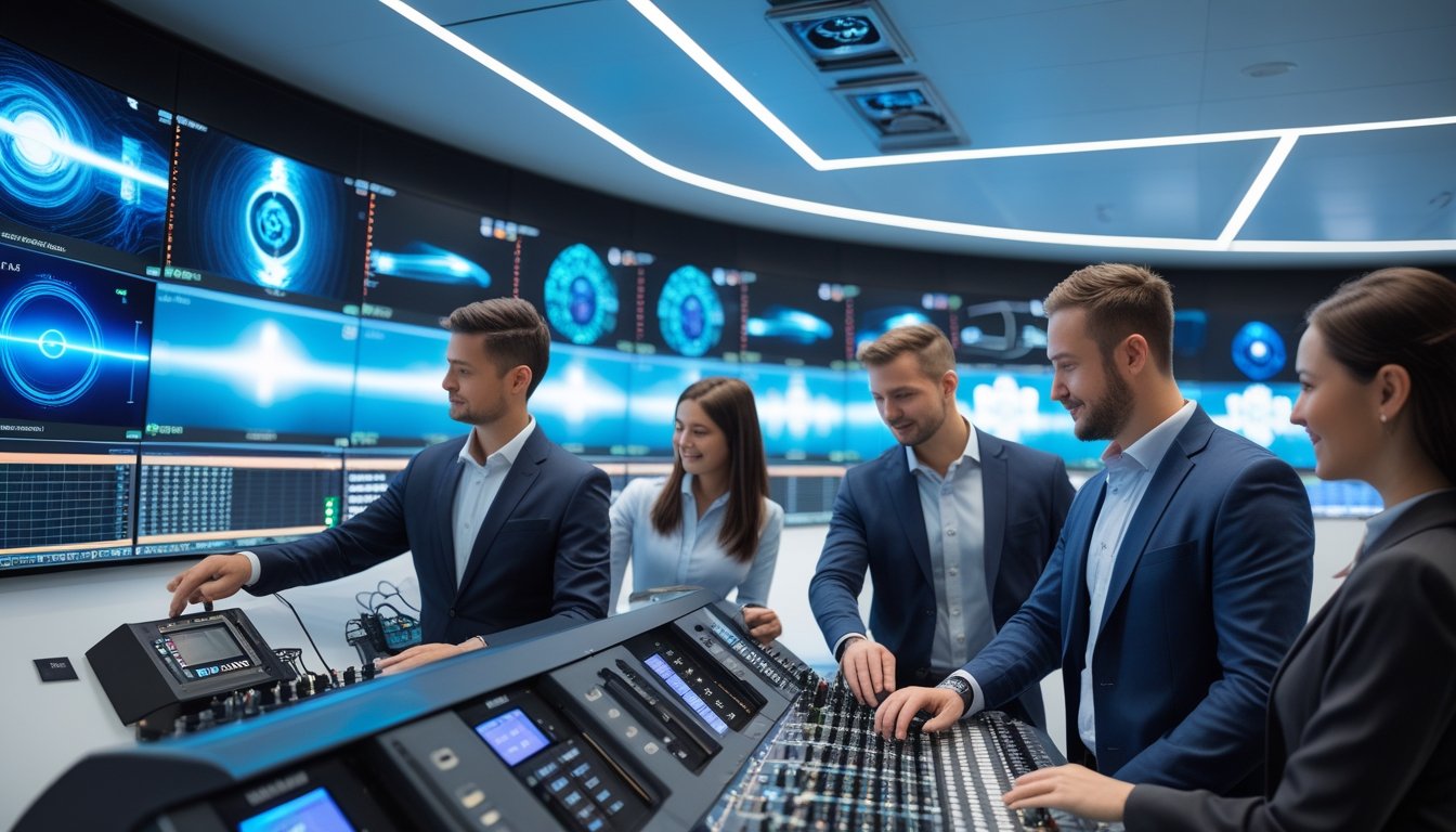 Ruang kontrol modern dengan beberapa profesional yang menggunakan teknologi audiovisual canggih di lingkungan kantor.