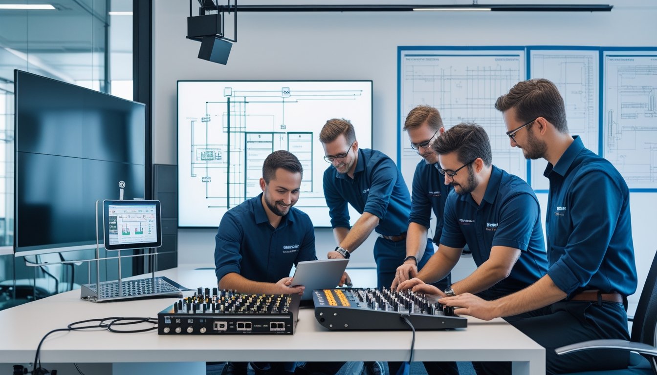 Tim kontraktor audio-visual sedang bekerja bersama dengan peralatan canggih di kantor modern.