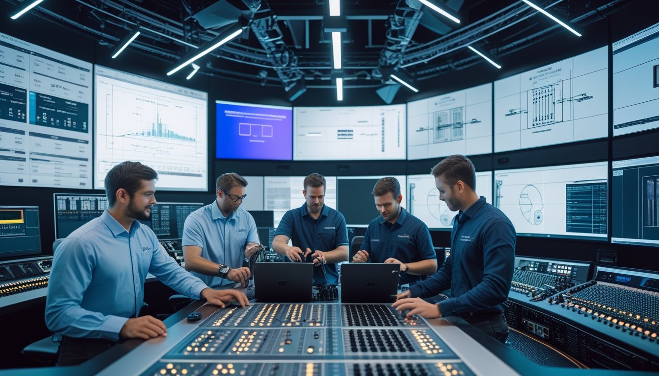Tim kontraktor audio-visual sedang bekerja bersama di ruang kontrol dengan peralatan dan layar besar.