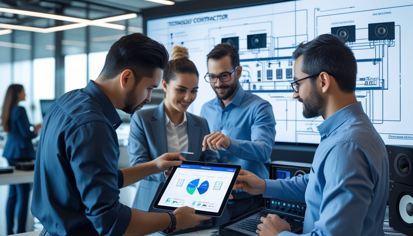 Tim profesional sedang bekerja bersama dalam kantor modern, merancang dan memelihara peralatan audio-visual.