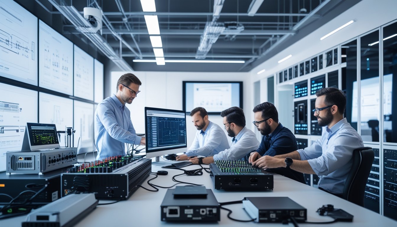 Tim teknisi audio-visual sedang bekerja bersama di kantor modern dengan peralatan canggih, dari perancangan hingga pemeliharaan sistem audio-visual.