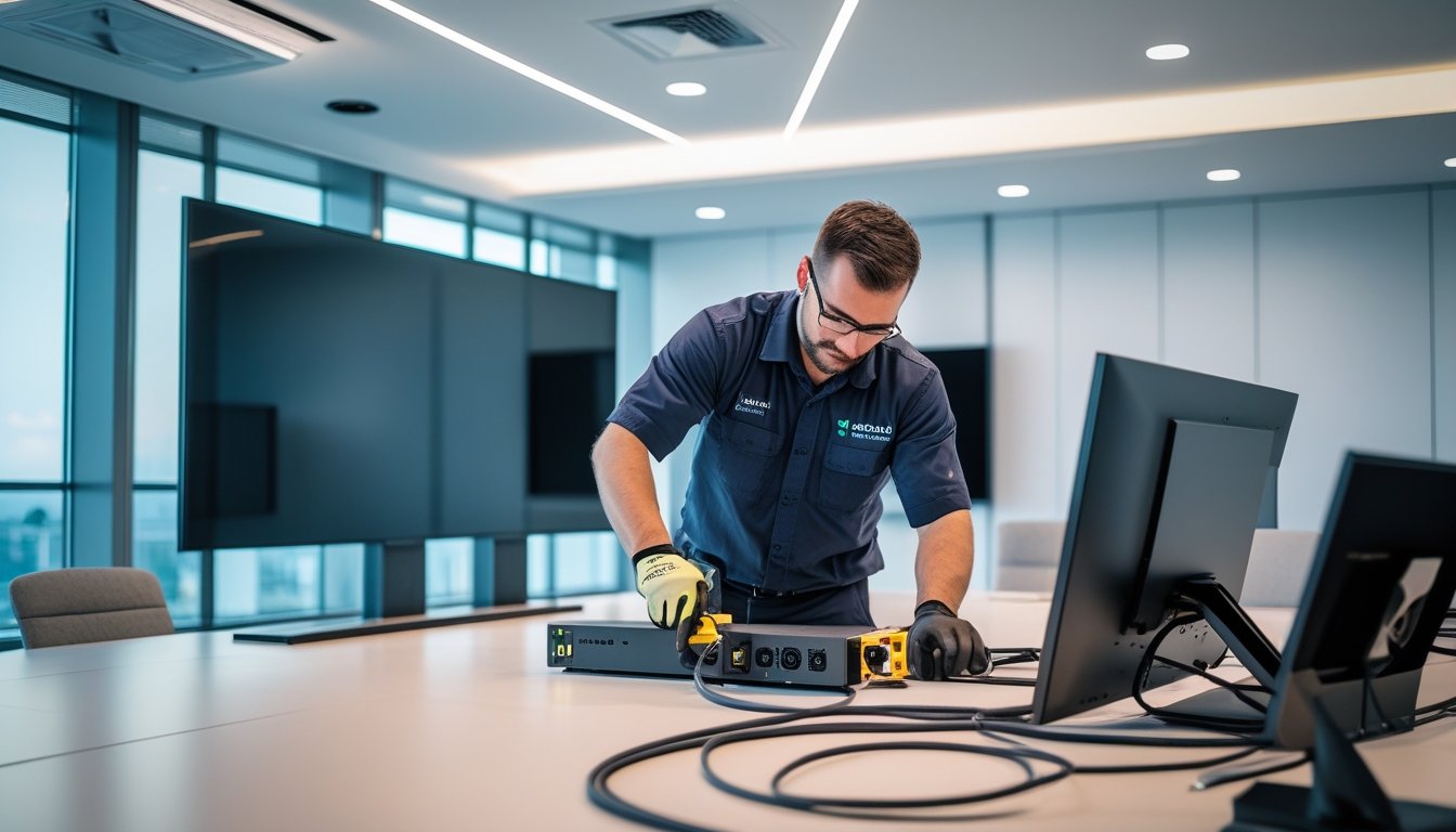 Seorang teknisi sedang memasang dan mengatur peralatan audio-visual di ruang konferensi modern.