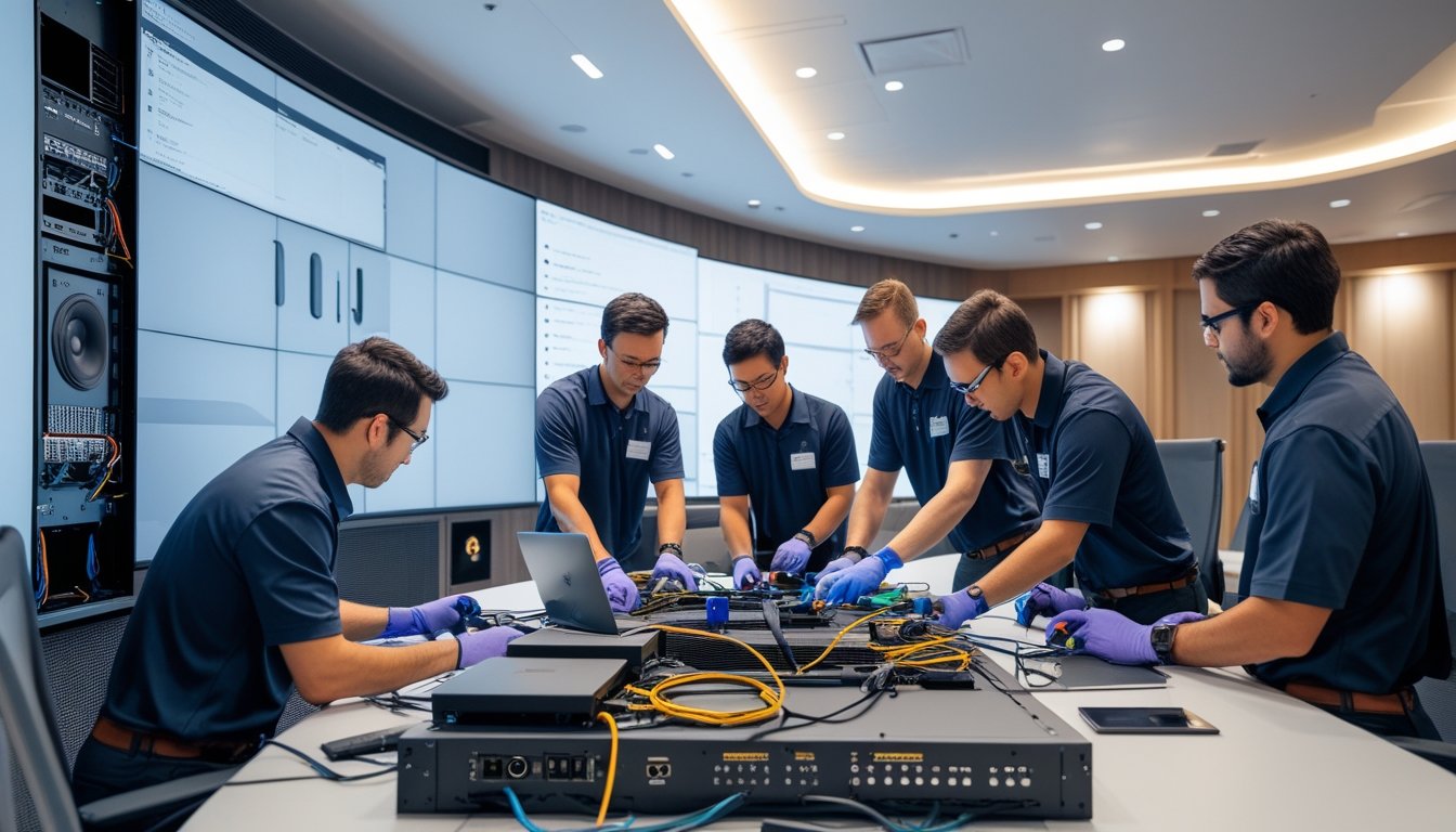 Teknisi audio-visual sedang bekerja sama memperbaiki dan meng-upgrade sistem audio-visual di ruang konferensi modern.