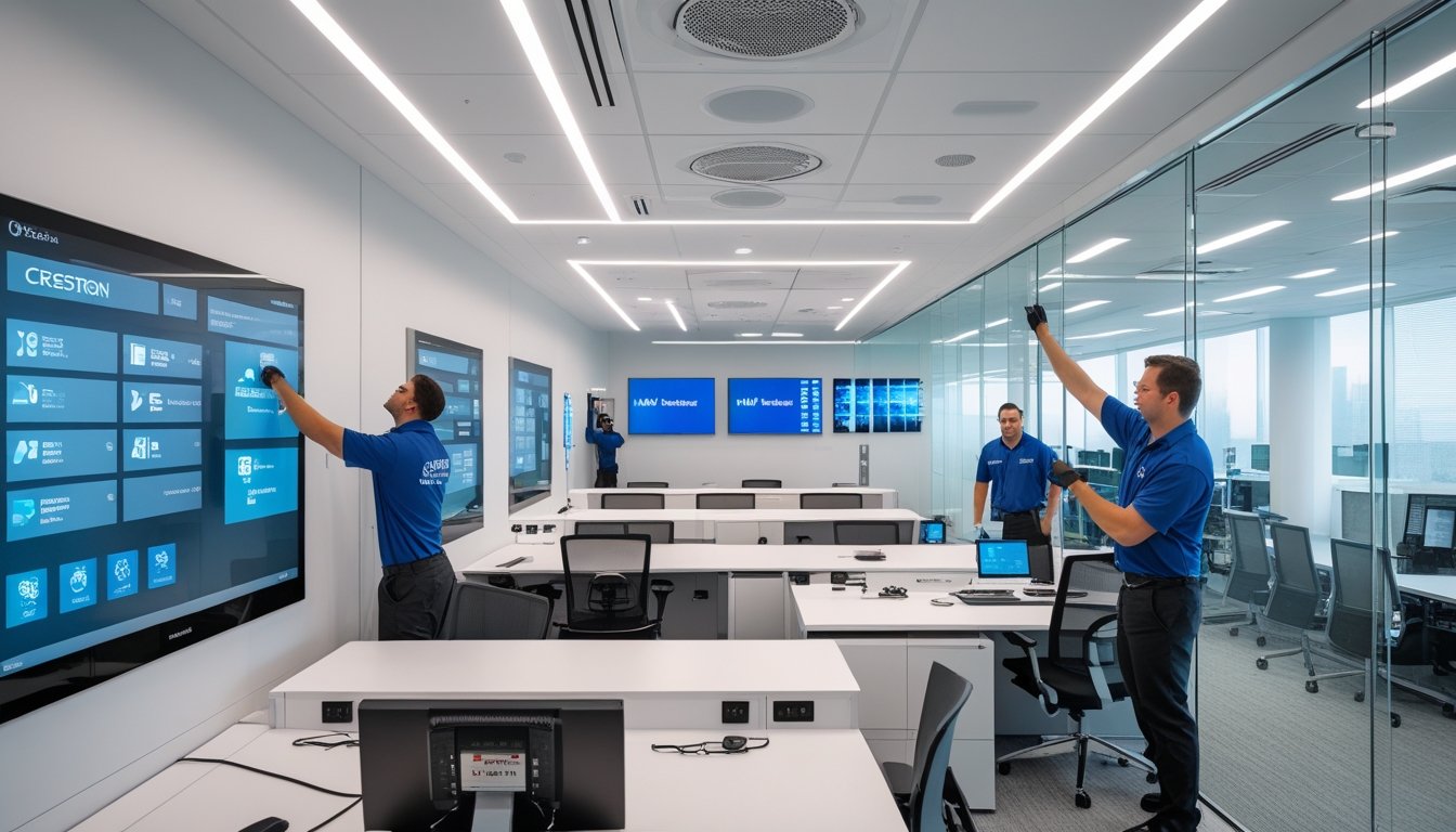 Ruang kantor modern dengan teknisi memasang peralatan teknologi canggih untuk sistem audio-visual dan smart office.