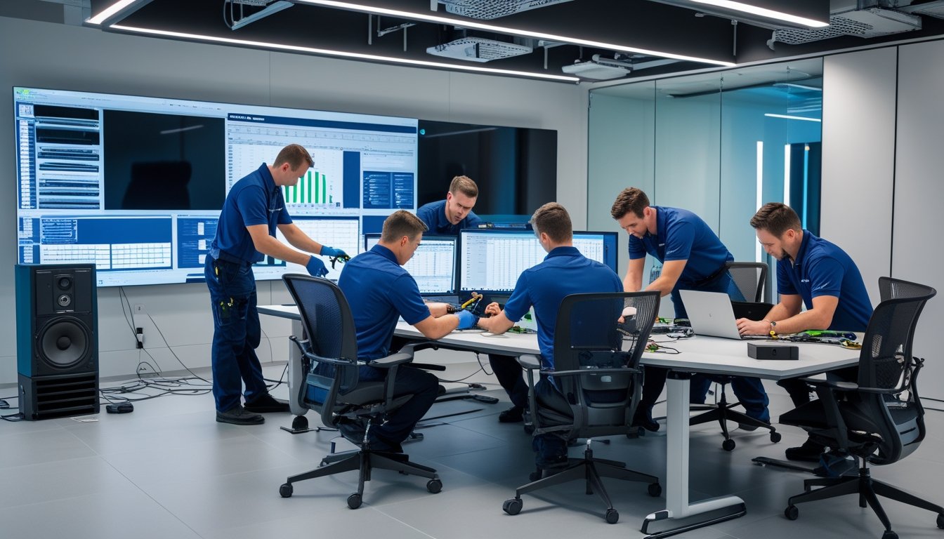 Tim teknisi sedang bekerja bersama untuk memasang dan mengonfigurasi sistem audio-visual di ruang kantor modern.