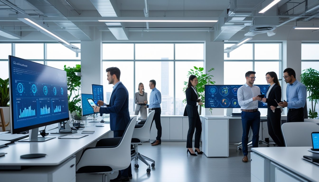 Suasana kantor modern dengan profesional yang bekerja menggunakan perangkat teknologi canggih di ruang terang dan terbuka.