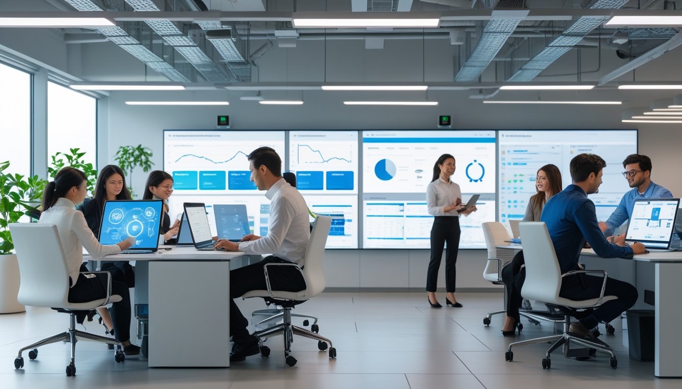 Ruang kantor modern dengan profesional yang bekerja menggunakan perangkat teknologi canggih dan layar komputer.