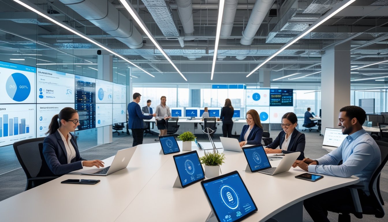 Suasana kantor modern dengan teknologi canggih dan karyawan yang bekerja menggunakan perangkat pintar di ruang kerja yang terorganisir.