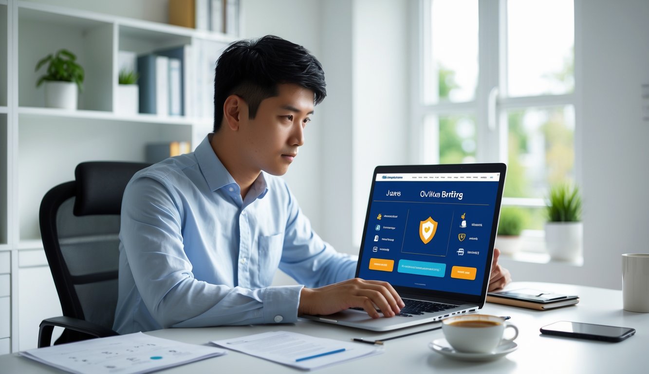 Seorang pria muda Indonesia duduk di meja kerja di rumah, fokus menggunakan laptop dengan tampilan situs taruhan online yang aman.