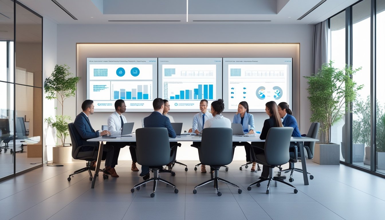 Ruang rapat modern dengan beberapa profesional sedang berdiskusi menggunakan teknologi canggih seperti layar digital dan perangkat pintar.