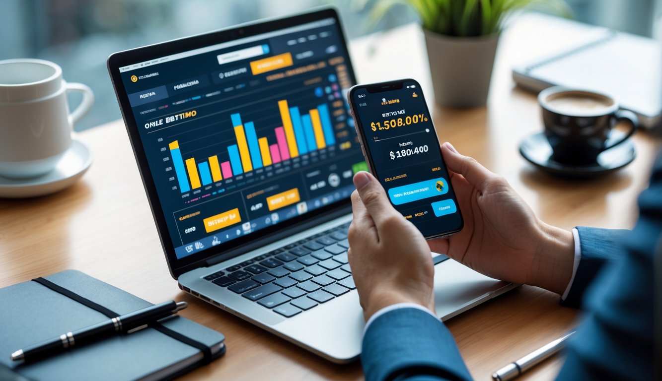 Seseorang menggunakan laptop dan ponsel untuk taruhan online dengan tampilan deposit kecil dan kemenangan besar di layar.