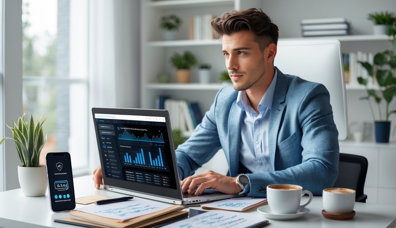 Seorang pria muda duduk di depan laptop di ruang kerja rumah, fokus pada layar yang menampilkan situs taruhan online dengan grafik dan statistik, di sekitarnya terdapat ponsel, buku catatan, dan cangkir kopi.