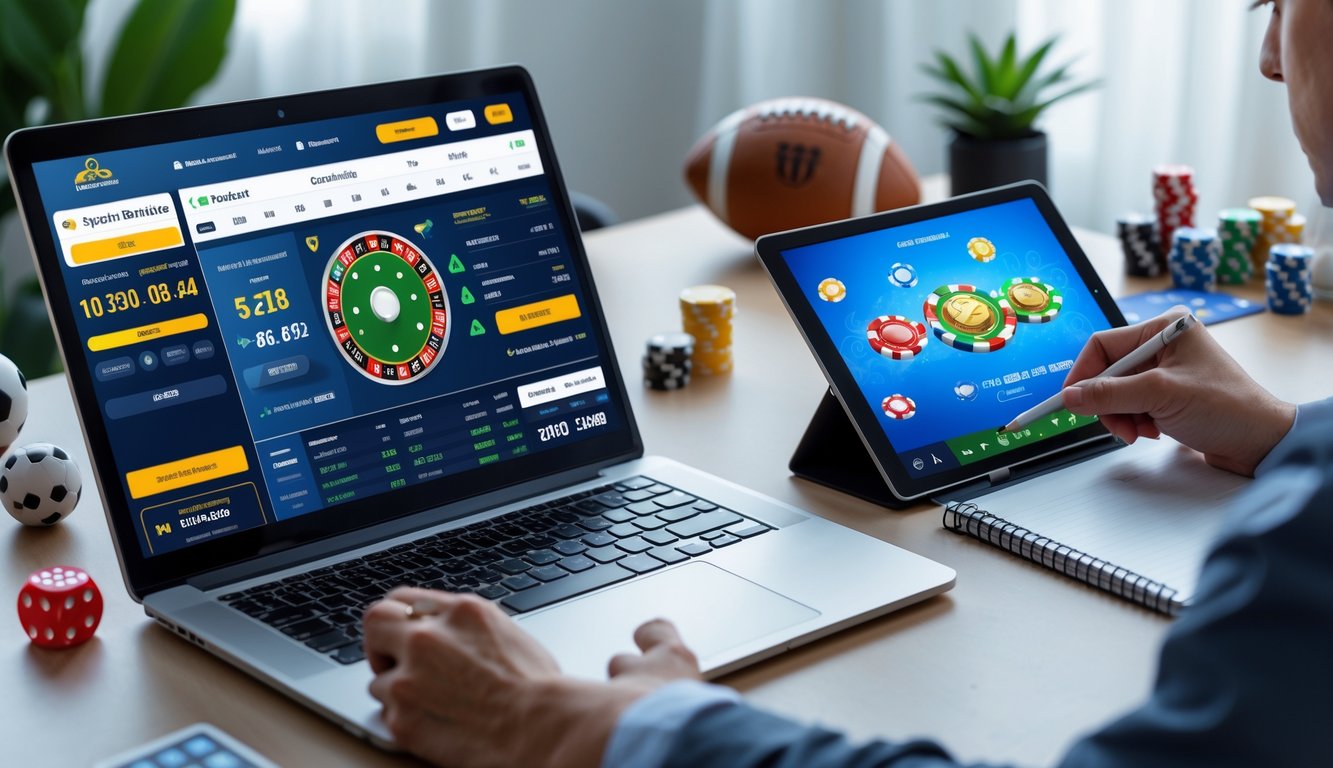 Seorang pemuda fokus menggunakan laptop dan tablet di meja kerja dengan alat taruhan bola dan permainan kasino di layar.