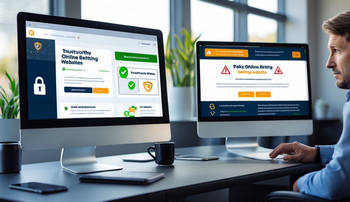 Dua layar komputer berdampingan menunjukkan perbandingan situs taruhan online terpercaya dan palsu dengan pengguna di depan masing-masing layar.