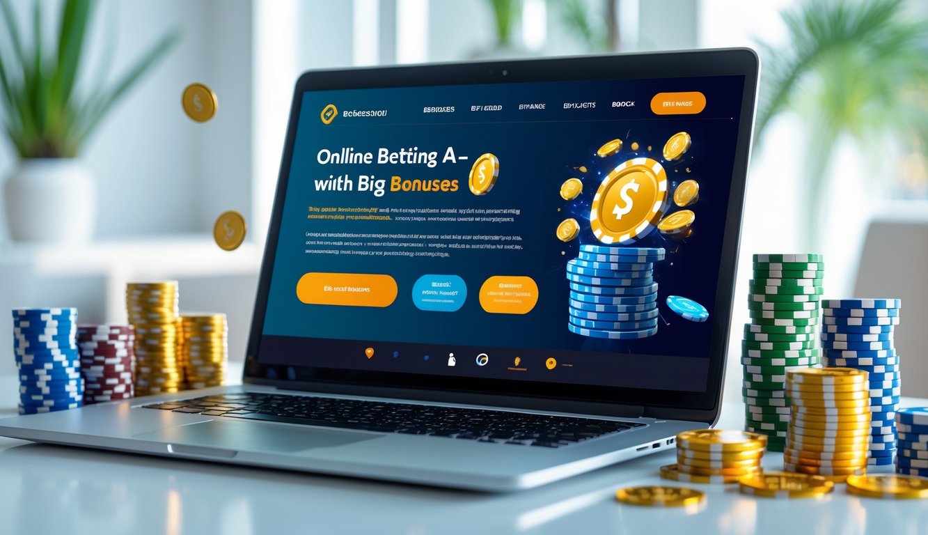 Seorang pria menggunakan laptop dengan layar menampilkan situs taruhan online, di meja terdapat chip poker, kartu remi, dan koin emas sebagai simbol kemenangan.