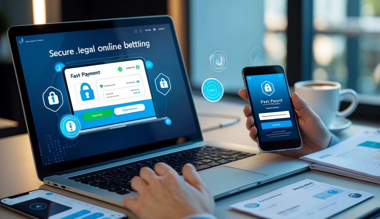 Seseorang menggunakan laptop dan ponsel di meja kerja yang rapi, menunjukkan aktivitas taruhan online yang aman dan pembayaran cepat.