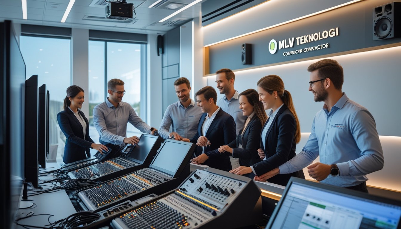 Tim profesional sedang bekerja dengan peralatan audio-visual canggih di ruang kantor modern yang rapi.
