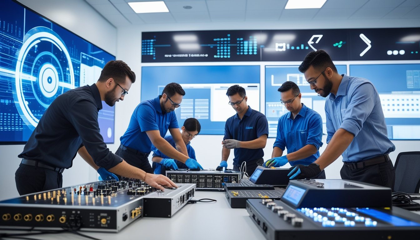 Tim teknisi sedang bekerja sama mengatur dan menguji peralatan audio-visual canggih di ruang kerja modern.