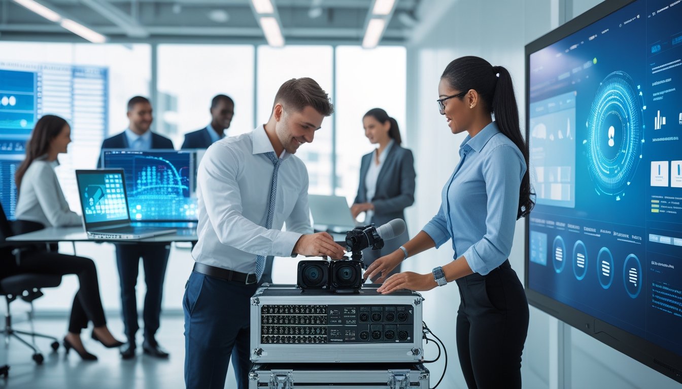 Tim profesional bekerja bersama dengan teknisi audio-visual yang sedang memasang peralatan di kantor modern untuk mendukung transformasi digital perusahaan.