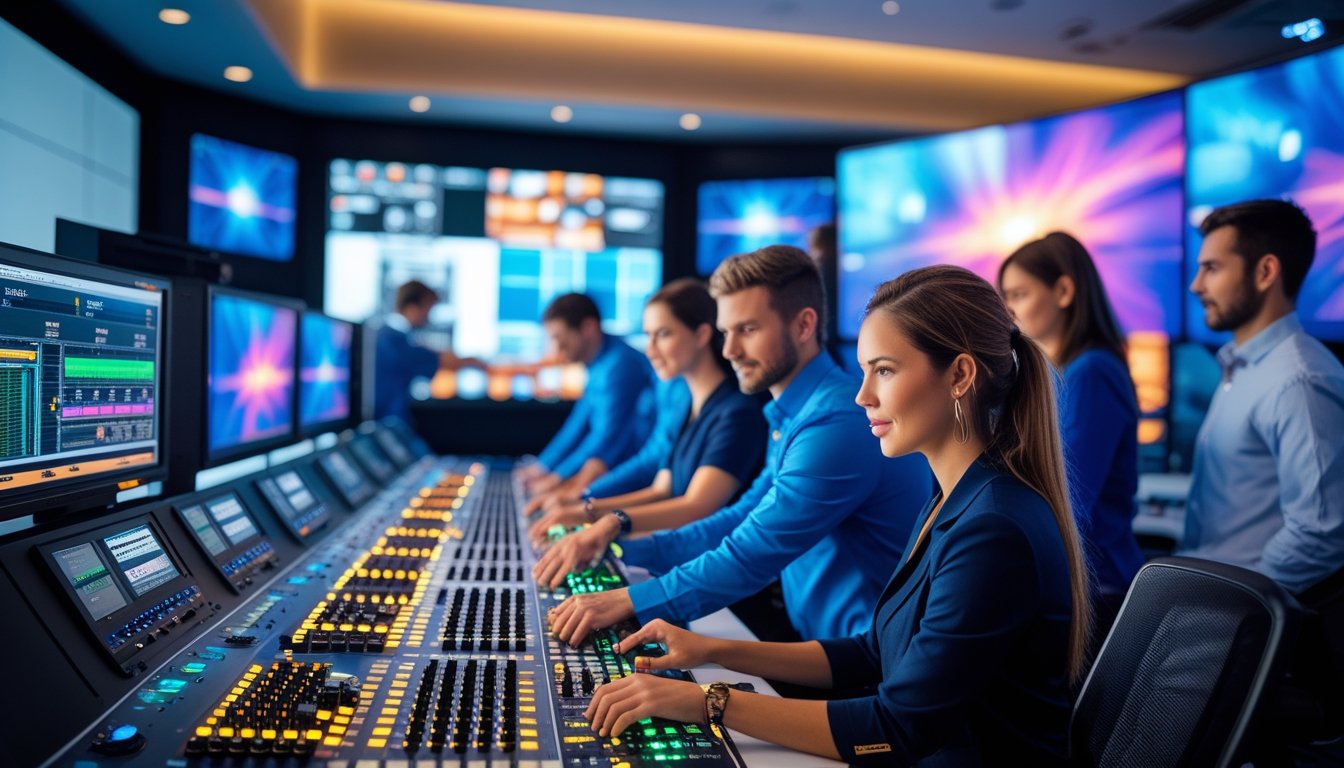 Tim teknisi audio-visual sedang bekerja di ruang kontrol dengan peralatan canggih dan layar besar, menunjukkan suasana kerja profesional dan inovatif.