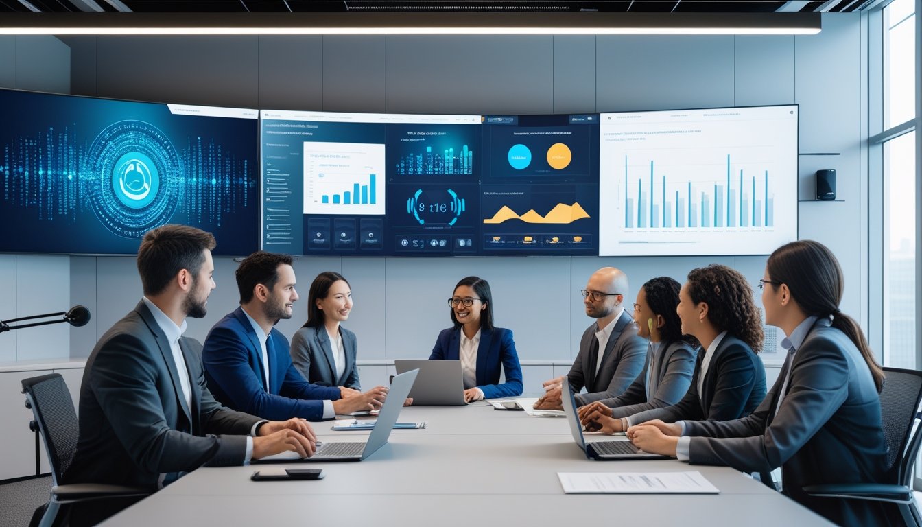 Sekelompok profesional bisnis sedang rapat di ruang kantor modern dengan layar besar dan peralatan audio-visual canggih.