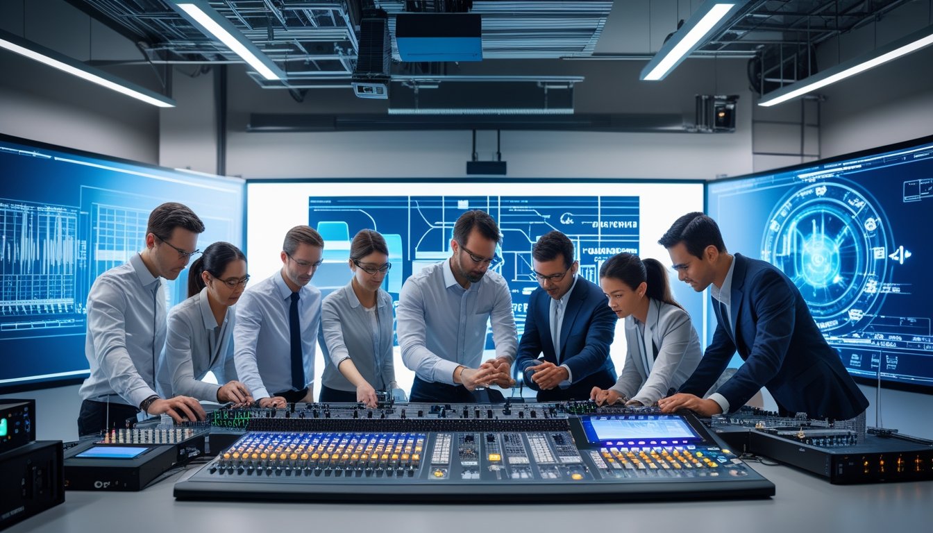 Tim profesional sedang bekerja dengan peralatan audio-visual canggih di ruang kantor modern.