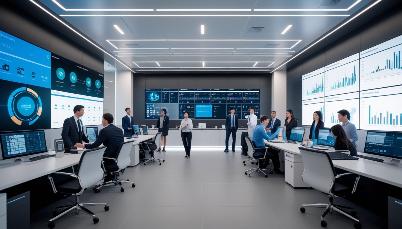 Seorang profesional bekerja di kantor pintar dengan layar digital besar dan peralatan audio-visual canggih, menunjukkan transformasi digital perusahaan.