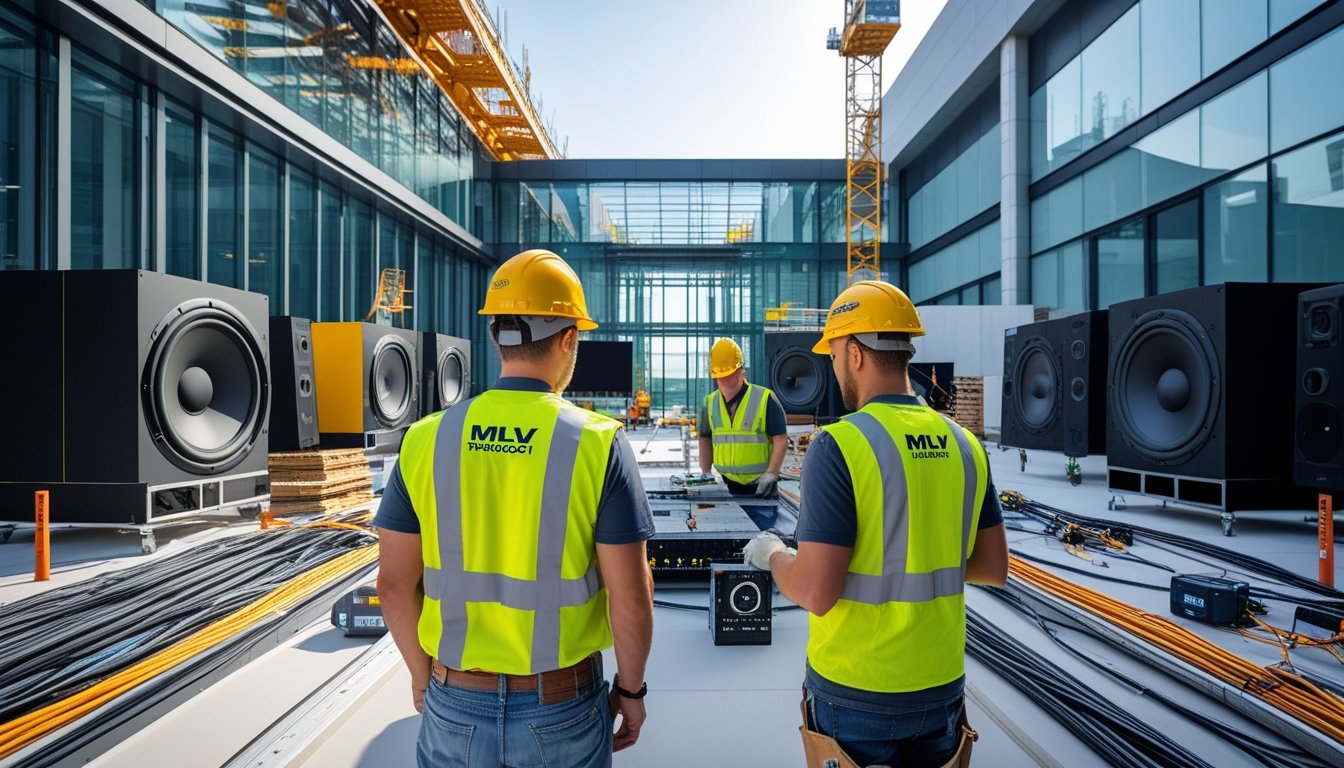 Para pekerja konstruksi sedang membangun fasilitas audio-visual modern dengan peralatan canggih dan bangunan kontemporer di latar belakang.