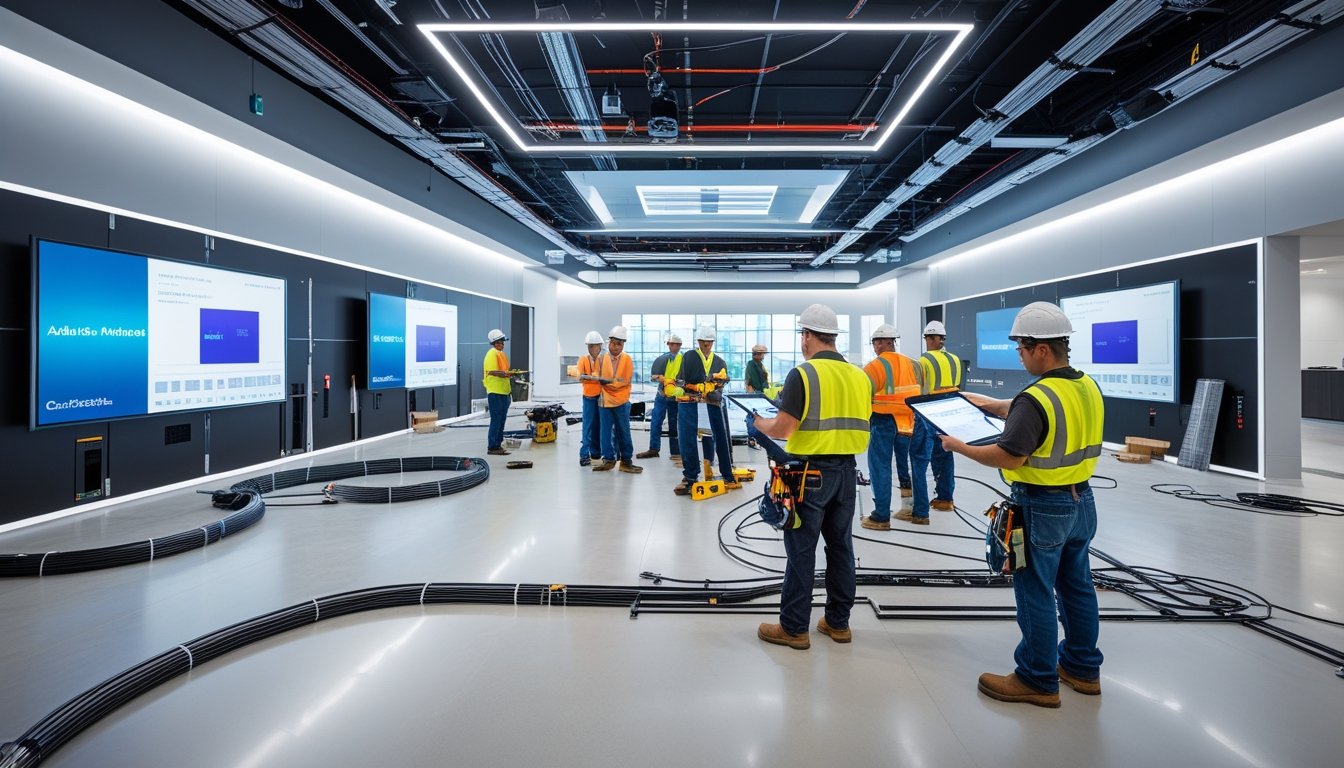 Tim teknisi dan insinyur sedang memasang peralatan audio-visual canggih di fasilitas modern yang sedang dibangun.