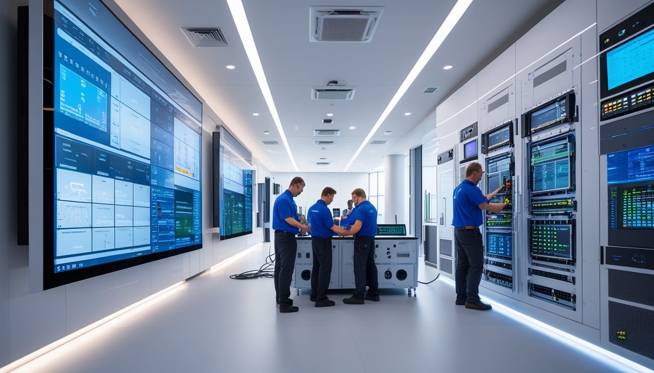 Teknisi profesional sedang mengatur peralatan audio-visual modern di fasilitas yang terang dan canggih.