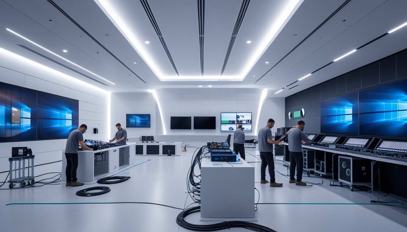 Teknisi dan insinyur bekerja di fasilitas audio-visual modern dengan peralatan canggih dan layar besar.