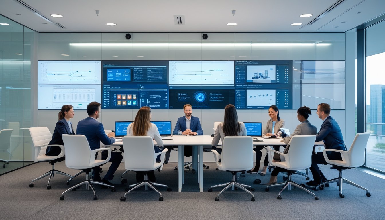 Ruang kerja modern dengan teknologi audio-visual canggih, menampilkan profesional yang sedang berdiskusi di sekitar meja dengan layar digital dan peralatan audio-visual.