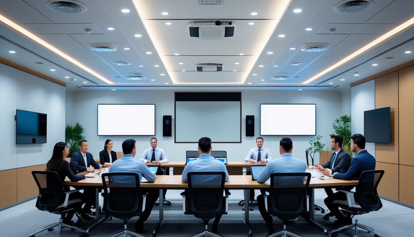 Ruang kerja komersial modern dengan peralatan audio-visual canggih dan tim profesional yang sedang rapat.