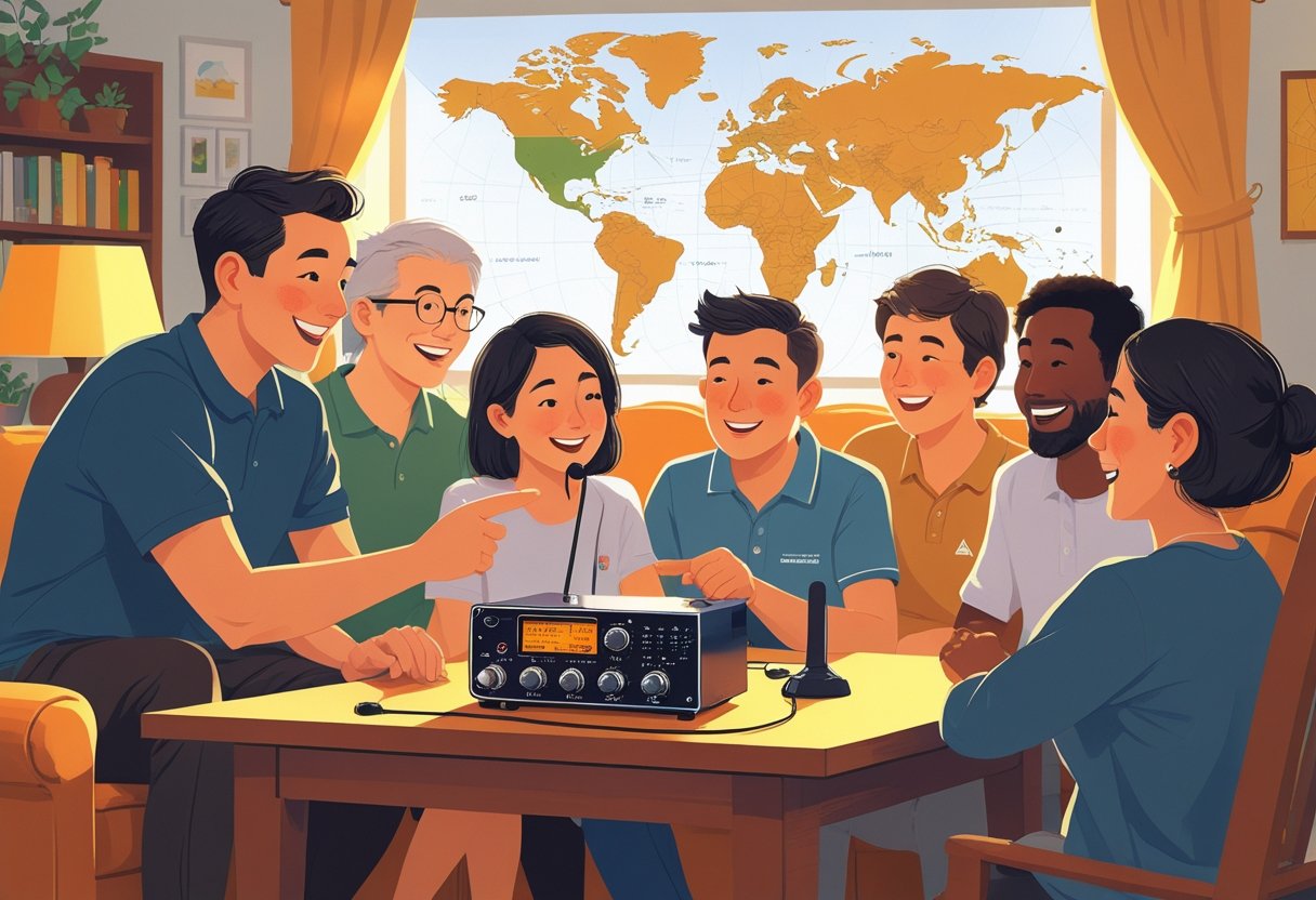 A group of people gathered around a simple ham radio in a cozy room, with one person explaining how it works while others listen attentively.