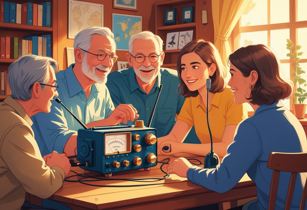 People of different ages gathered around a ham radio setup in a cozy room, engaged in conversation and using the radio equipment.