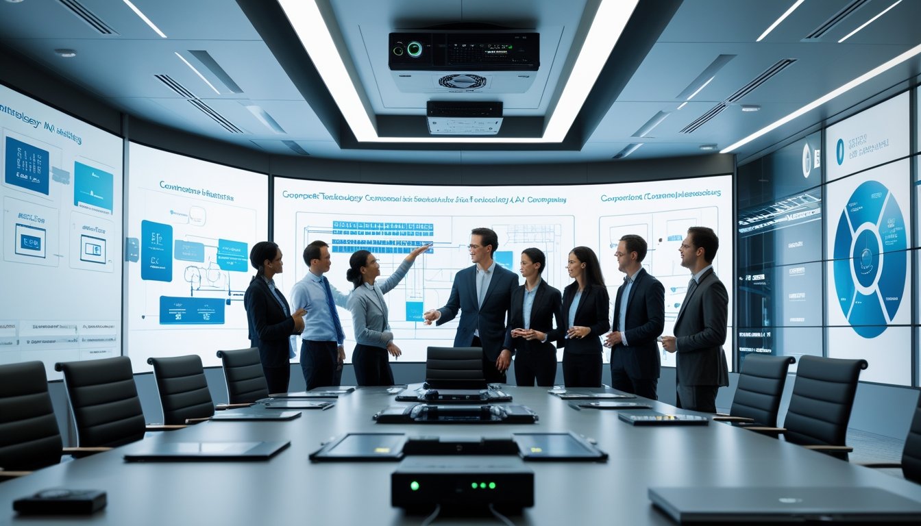 Sekelompok profesional bisnis sedang berdiskusi di ruang konferensi modern dengan layar besar menampilkan diagram sistem audiovisual.
