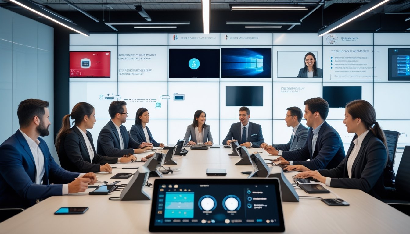 Ruang kantor pintar modern dengan beberapa profesional yang sedang rapat menggunakan peralatan AV canggih dan layar interaktif.