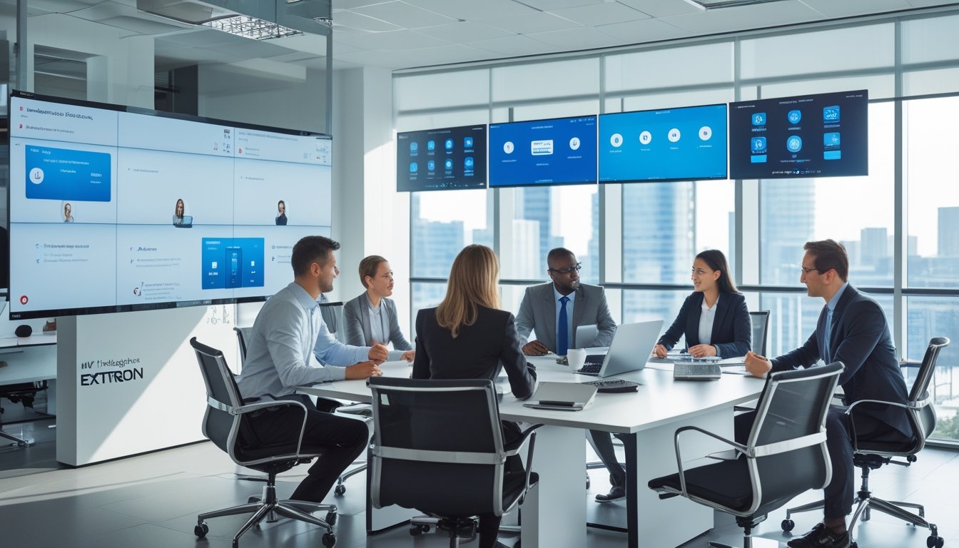 Sekelompok profesional bisnis sedang rapat di kantor modern dengan peralatan komunikasi canggih yang membantu meningkatkan efisiensi kerja.