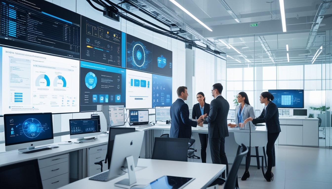 Sekelompok profesional bisnis sedang berdiskusi di kantor modern dengan layar digital besar dan peralatan teknologi canggih.