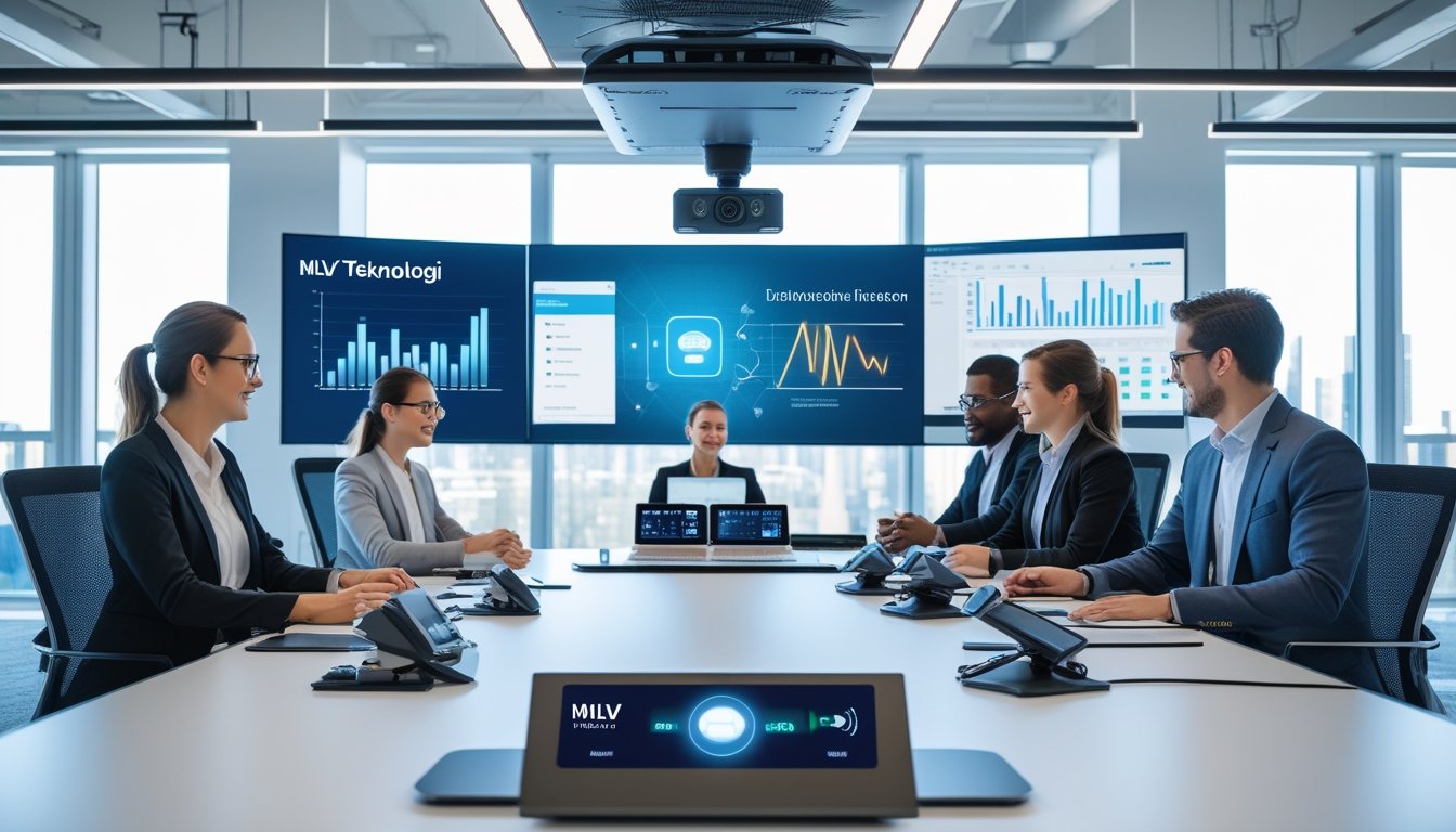 Sekelompok profesional sedang rapat di kantor modern dengan peralatan audiovisual canggih dan layar interaktif.