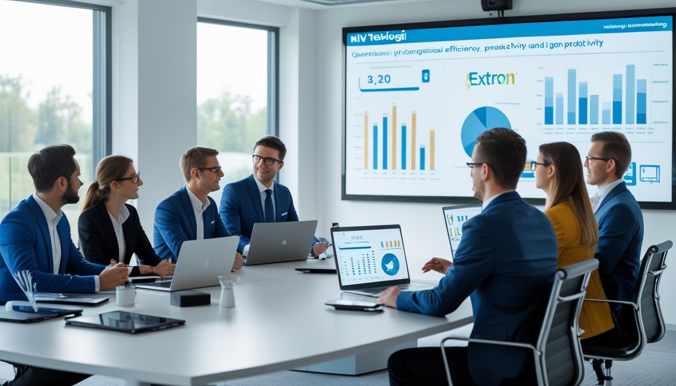 Sekelompok profesional teknologi sedang berdiskusi dan bekerja sama di ruang rapat modern dengan perangkat digital.