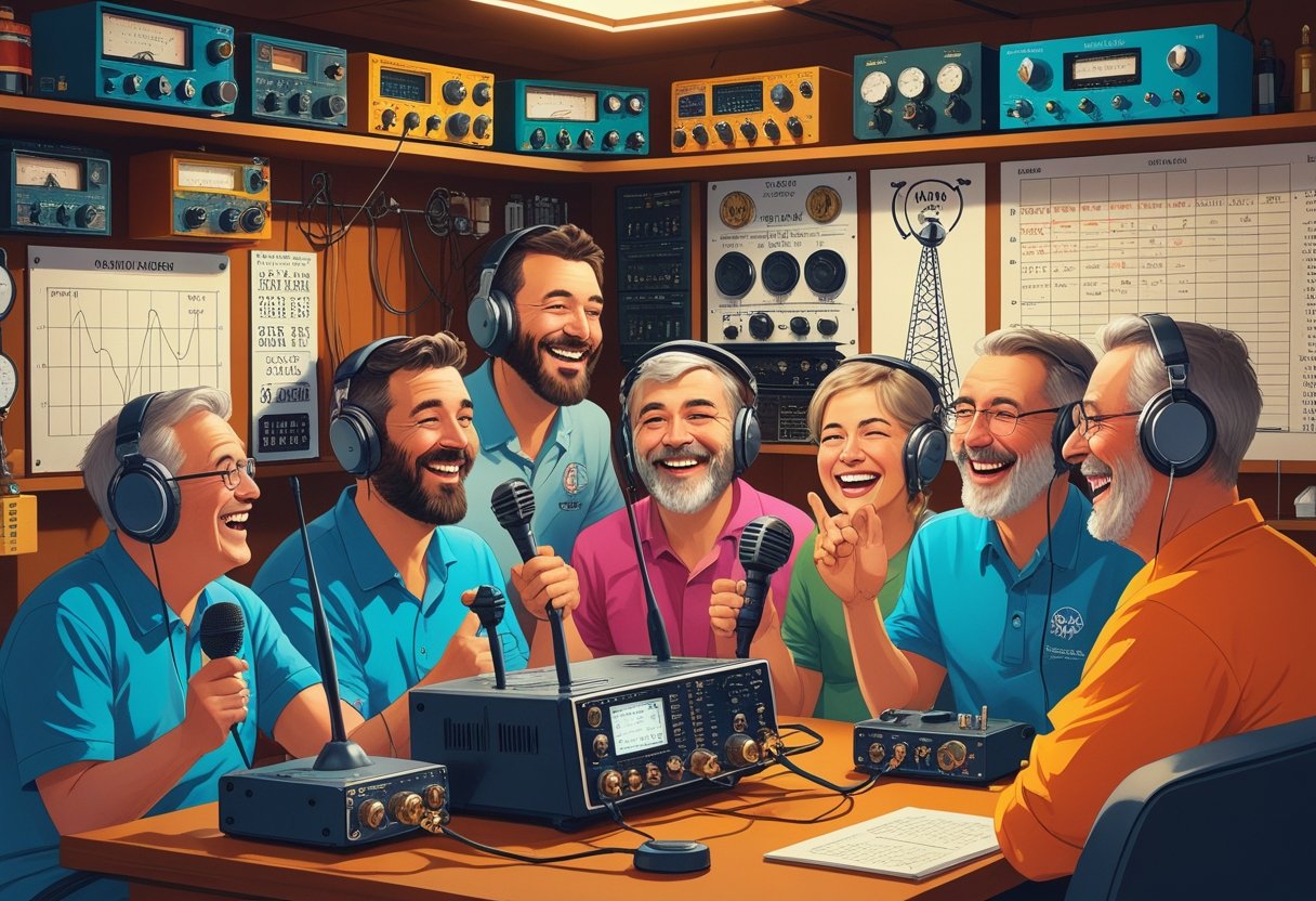 A group of ham radio operators sharing a lighthearted moment inside a radio shack filled with radio equipment and antennas.