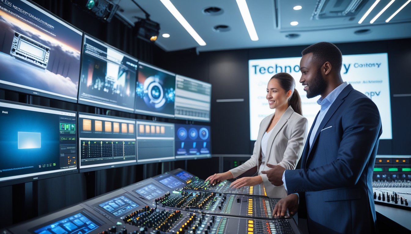 Dua profesional sedang bekerja bersama di ruang kontrol AV modern dengan peralatan teknologi canggih dan beberapa layar besar.