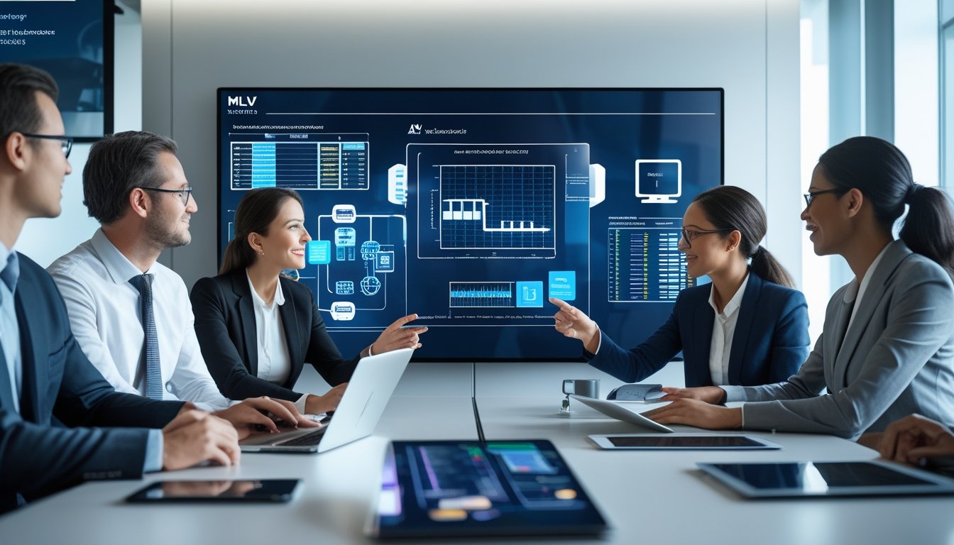 Sekelompok profesional bisnis sedang berdiskusi di ruang konferensi modern dengan layar digital besar yang menampilkan diagram sistem audiovisual.