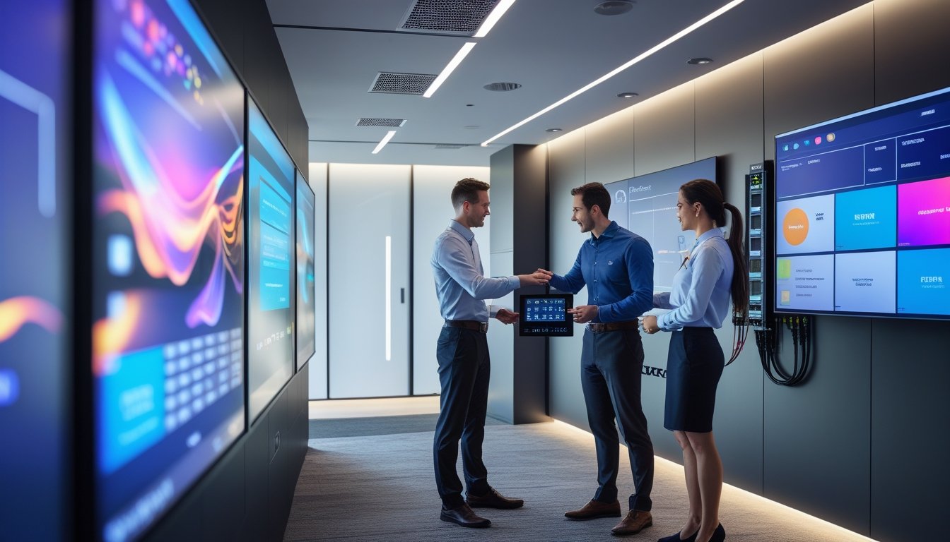 Dua teknisi bekerja sama mengatur sistem audiovisual canggih di ruang kantor modern dengan layar besar dan peralatan teknologi.