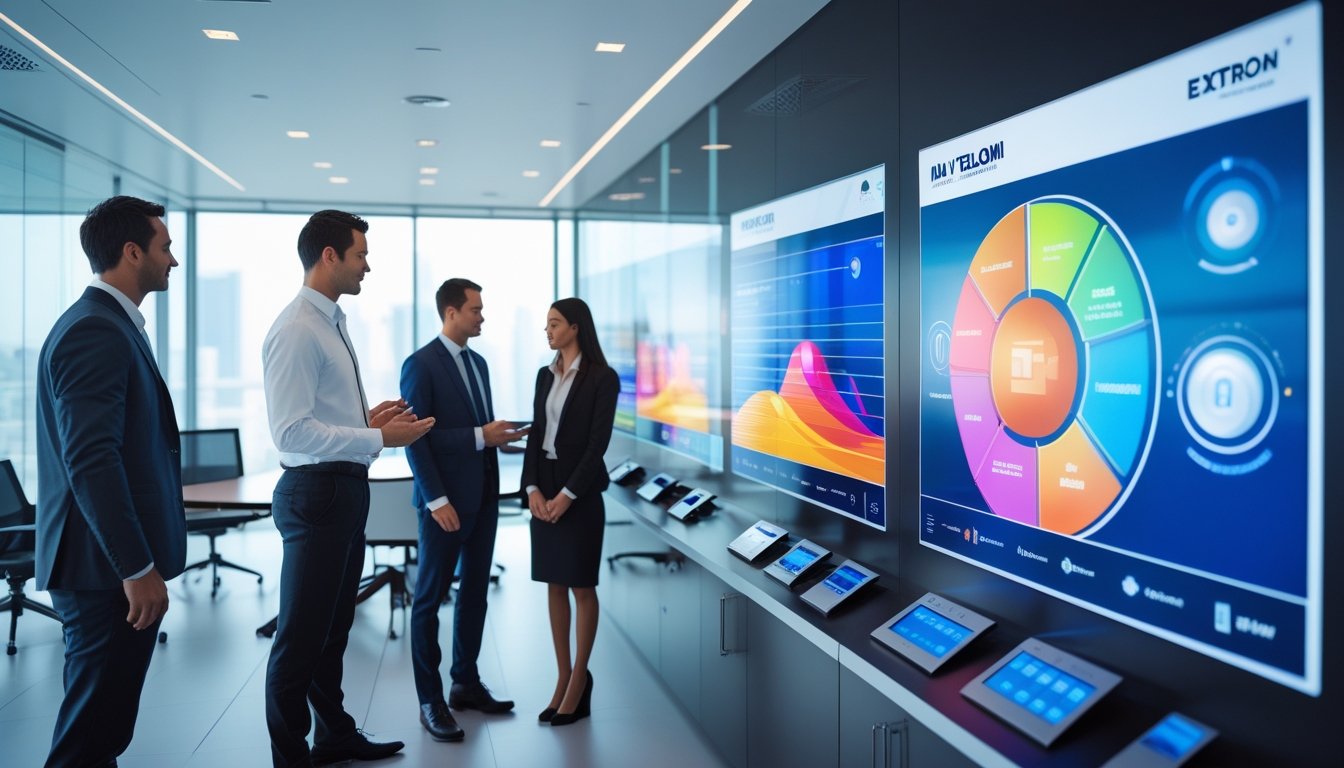 Ruang konferensi modern dengan profesional bisnis menggunakan teknologi audiovisual canggih di lingkungan kantor.