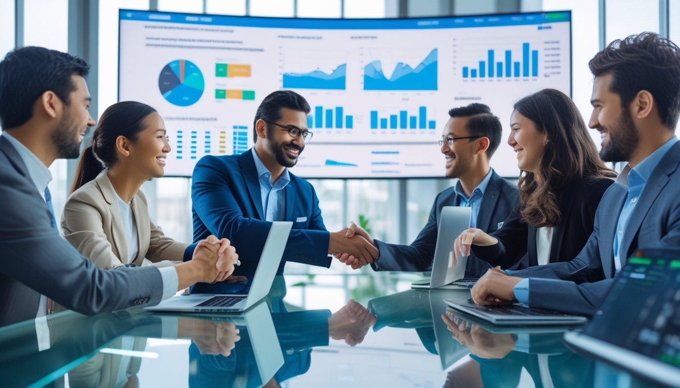 Dua tim teknologi sedang berdiskusi dan berjabat tangan di ruang kantor modern untuk menunjukkan kerjasama dan peningkatan pengalaman pengguna.